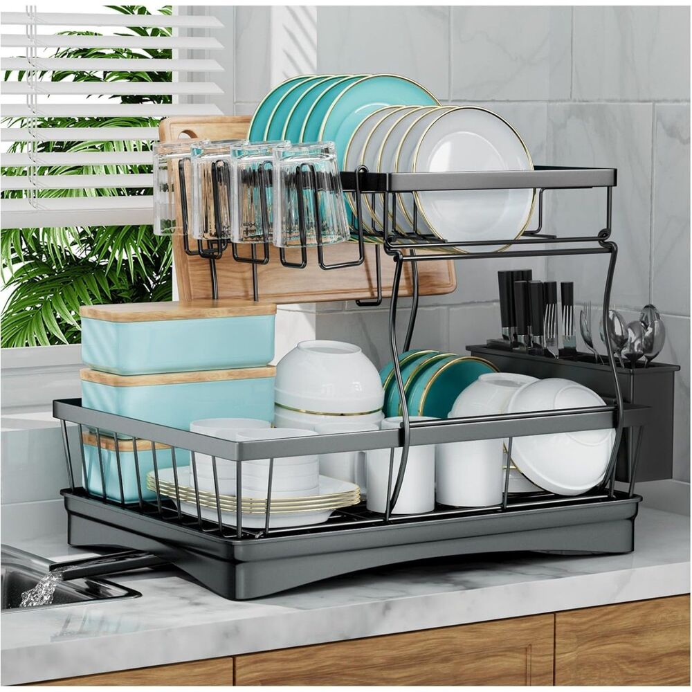 NIB -Black Large Dish Drying Rack Detachable 2-Tier Racks/ Utensil Holder
